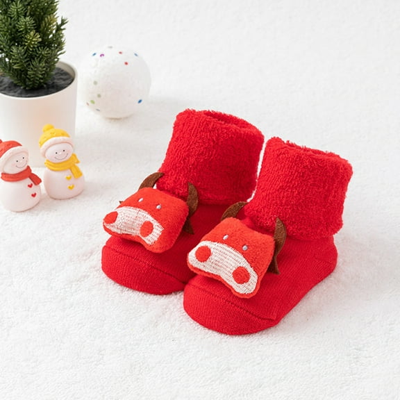 Bnwani Toddler Socks for Boys With Grips Crew Walking Floor Knitted Non-Slip Cute Socks Red 12 Months