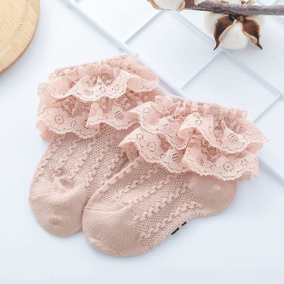 Bnwani Toddler Socks for Girls Cotton Floor Solid Color Lace Floral Socks Pink 24 Months