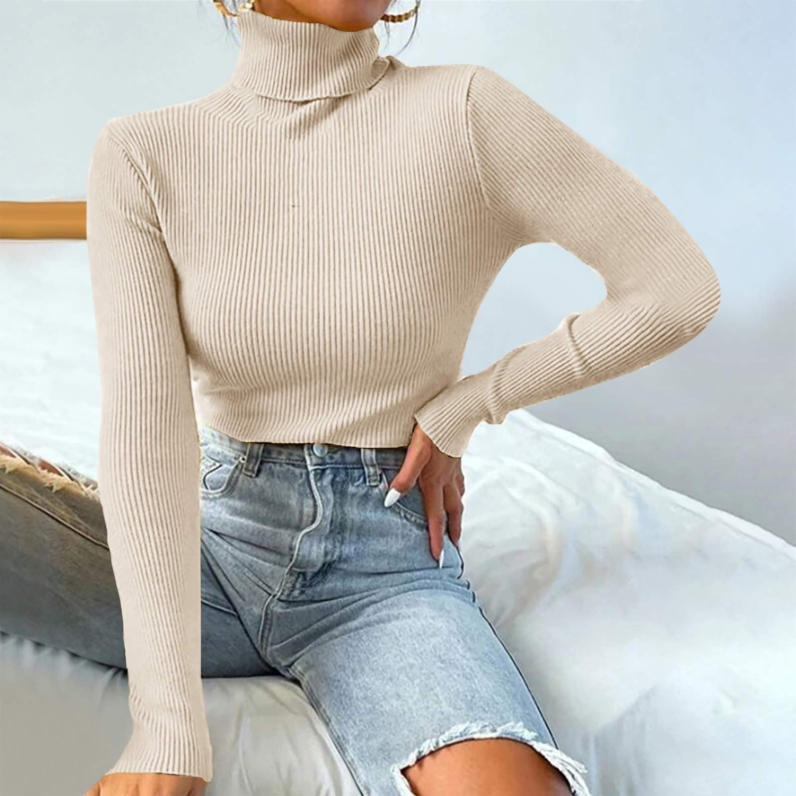 Bnwani Turtle Neck Sweater for Women Solid Color Top Knit Pullover Long ...
