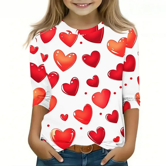Bnwani Valentines Toddler Shirts Long Sleeve White Crew Neck Printed Tops 7-8 Years