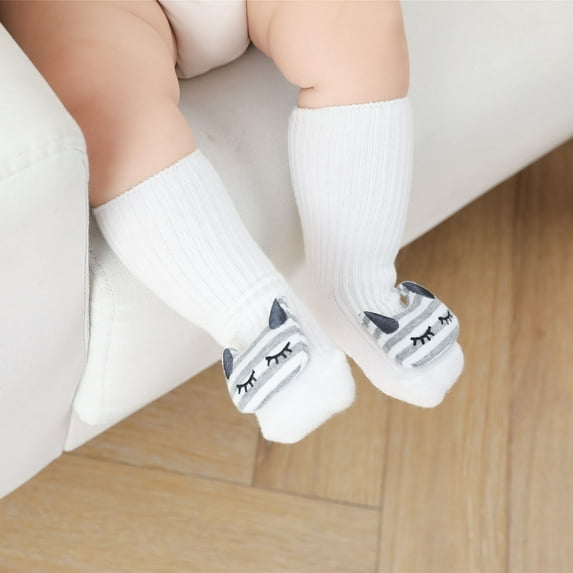 Bnwani White Toddler Cotton Socks for Girls Warm Floor Solid Color Indoor Non-Slip Cute Socks