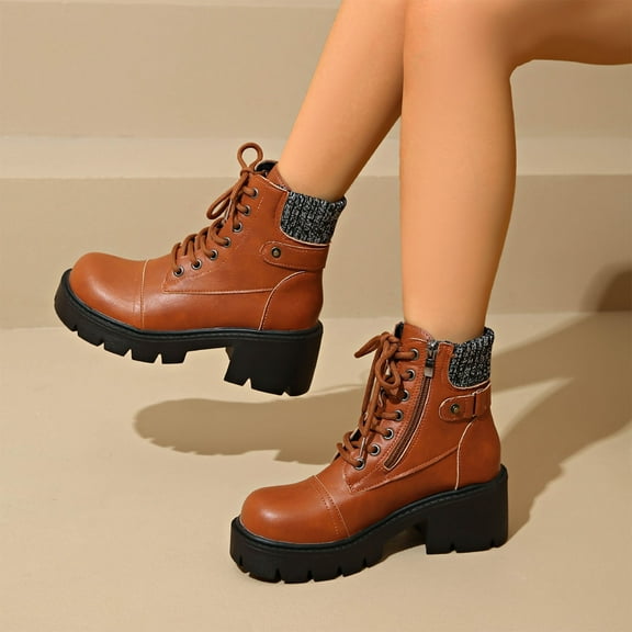 Bnwani Women Boots Ankle Fashion Toe Zipper High-Heel Thick Chunky High Versatile Casual Solid Boot Brown Size 6