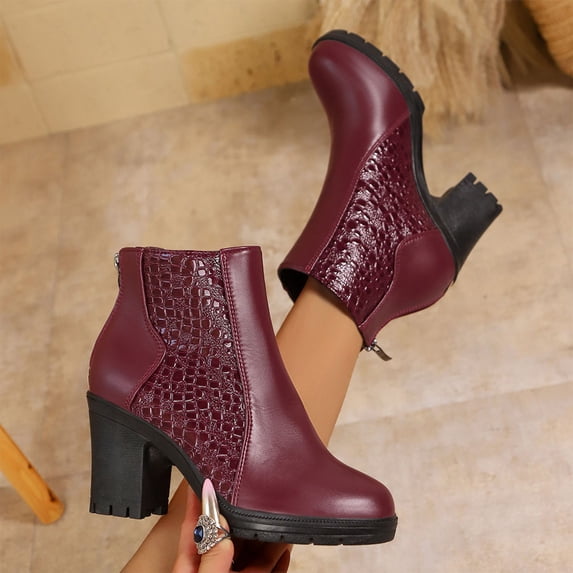 Bnwani Women Boots Ankle Fashion Toe Zipper High-Heel Thick Chunky High Versatile Casual Solid Boot Red Size 6