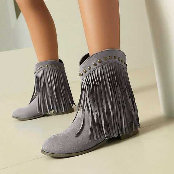 Bnwani Women Boots Ankle New Winter Fashion Thick Chunky Versatile Casual Tassel Boot Gray Size 9