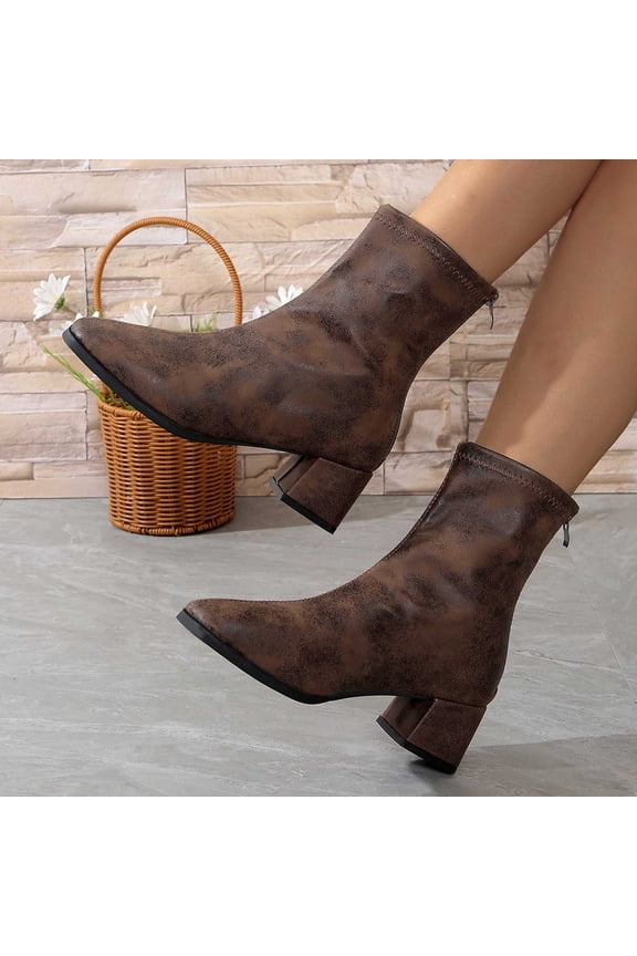 Bnwani Women Boots Ankle Toe Mid-Heel Chunky High Mid-Calf Solid Boot Brown Size 5