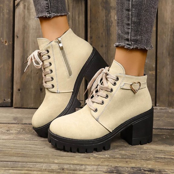 Bnwani Women Boots Ankle Winter Fashion Toe Zipper High-Heel Chunky High Casual Solid Boot Beige Size 7.5