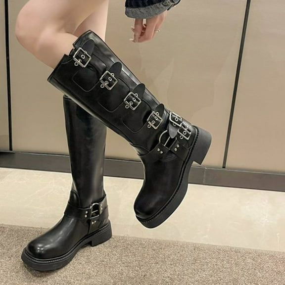 Bnwani Women Boots Cowboy Boots Retro Denim Chunky High Western Knight Boot Black Size 6.5