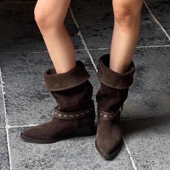 Bnwani Women Boots Denim Pointed Toe Thick Chunky Versatile Casual Solid Western Boot Brown Size 5.5