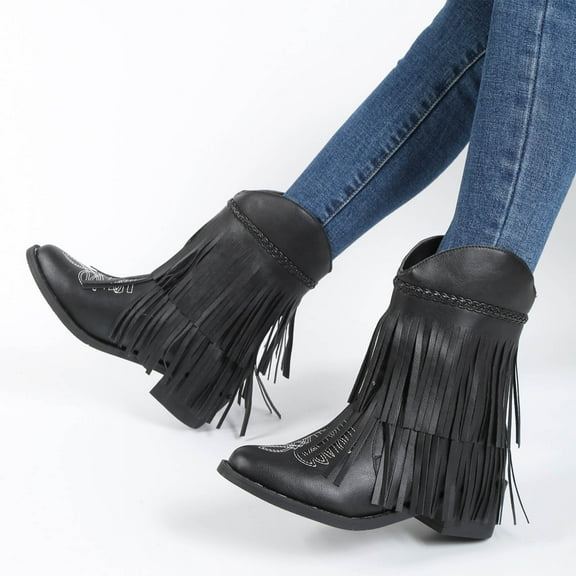 Bnwani Women Boots Denim Toe Low-Heel Chunky Mid-Calf Tassel Boot Black Size 6