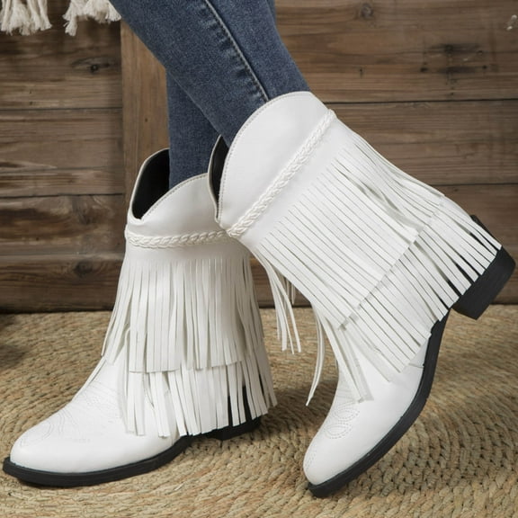 Bnwani Women Boots Denim Toe Low-Heel Chunky Mid-Calf Tassel Boot White Size 9