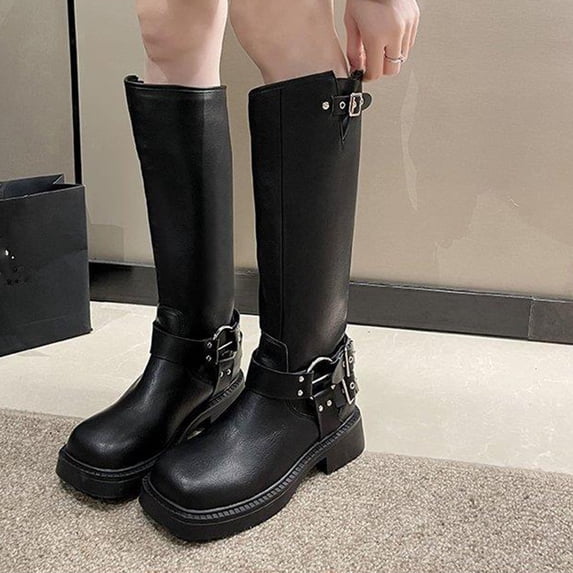 Bnwani Women Boots Fall Winter Fashion Denim Toe Chunky Knee-High Casual Boot Black Size 4.5