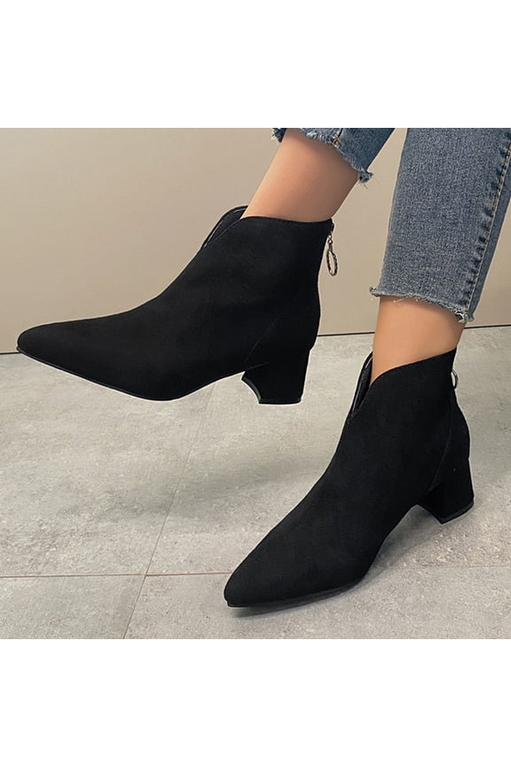Bnwani Women Boots Fall Winter Fashion Pointed Zipper Low-Heel Thick Chunky Ankle Versatile Sweet Boot Black Size 5.5