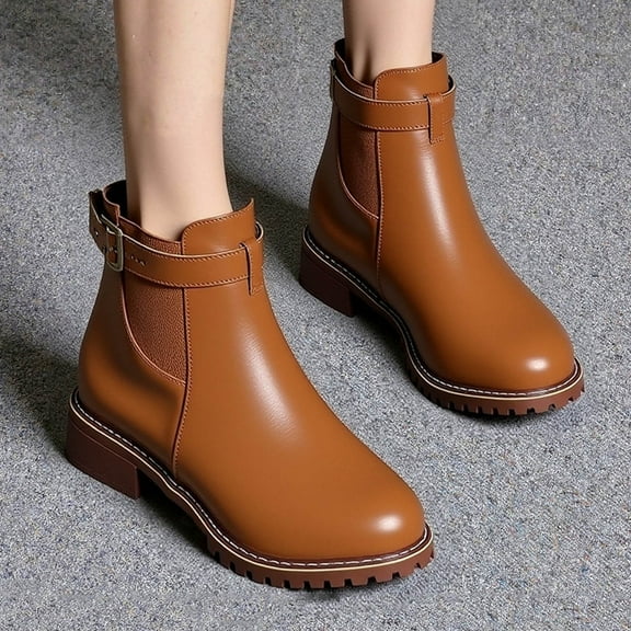 Bnwani Women Boots Fall Winter Fashion Toe Low-Heel Thick Ankle Versatile Casual Sweet Boot Brown Size 7