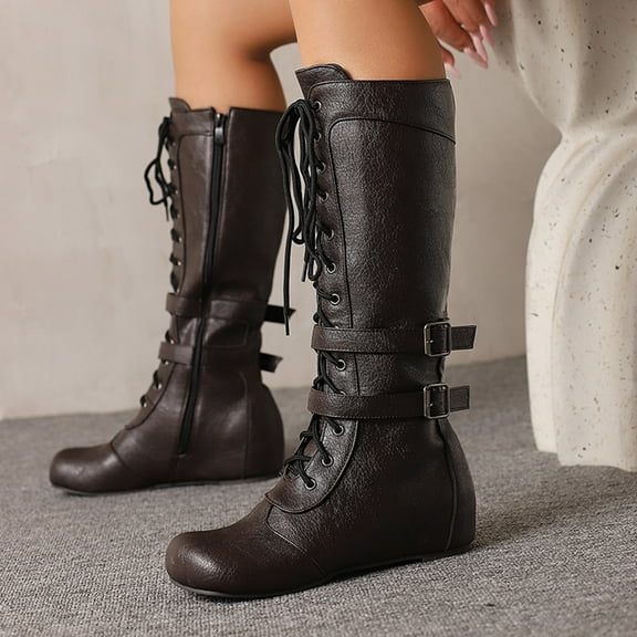 Bnwani Women Boots Fall Winter Fashion Zipper Low-Heel Mid-Calf Versatile Comfortable Casual Western Boot Brown Size 6