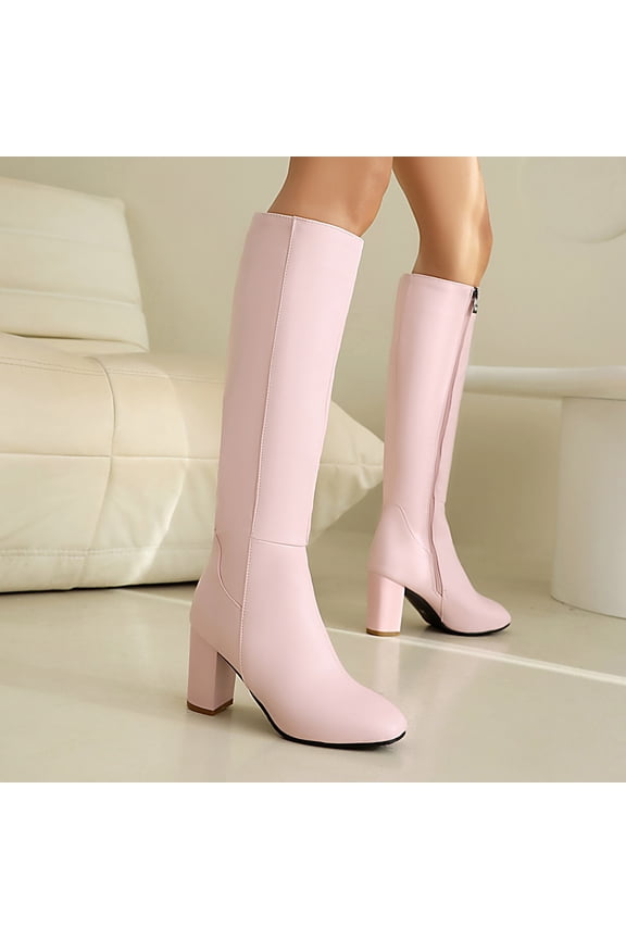 Bnwani Women Boots Fall Winter Fashion Zipper Mid-Heel Mid-Calf Versatile Casual Sweet Boot Pink Size 6.5