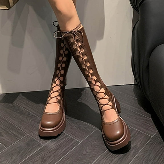 Bnwani Women Boots Fashion Thick Knee-High Strap Casual Knight Boot Brown Size 6