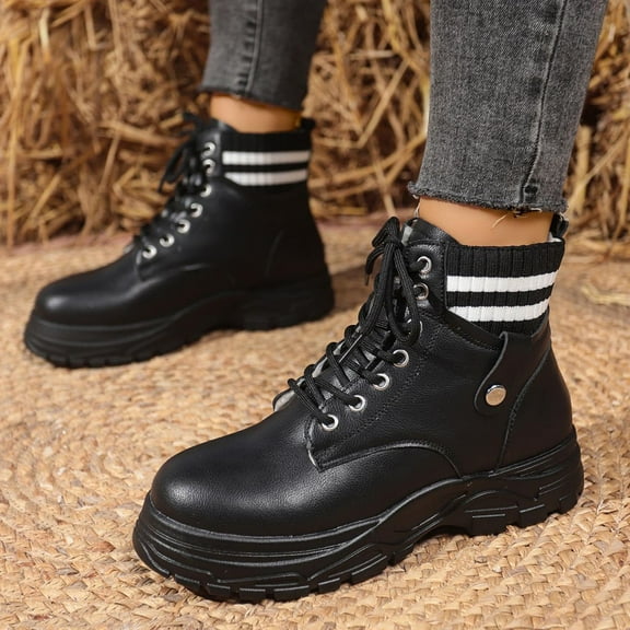 Bnwani Women Boots Fashion Toe Thick Ankle Fleece Warm Casual Solid Boot Black Size 5.5