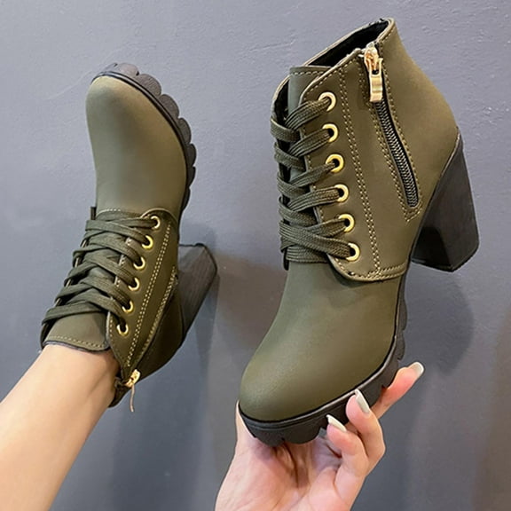 Bnwani Women Boots Fashion Toe Zipper High-Heel Thick Chunky High Ankle Casual Solid Boot Green Size 9