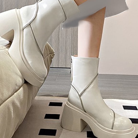 Bnwani Women Boots Fashion Zipper Thick Wedge Leather Boot White Size 6