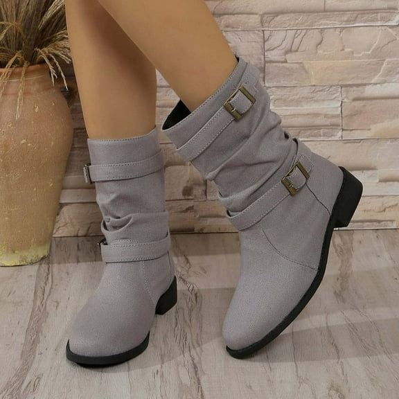 Bnwani Women Boots Footwear Fall Winter Fashion Denim Toe Mid-Heel Chunky Mid-Calf Strap Versatile Casual Solid Boot Gray Size 7