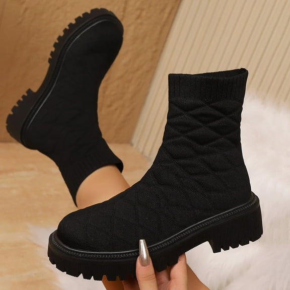 Bnwani Women Boots Footwear Fall Winter Fashion Low-Heel Thick Chunky Ankle Versatile Casual Sweet Boot Black Size 5.5