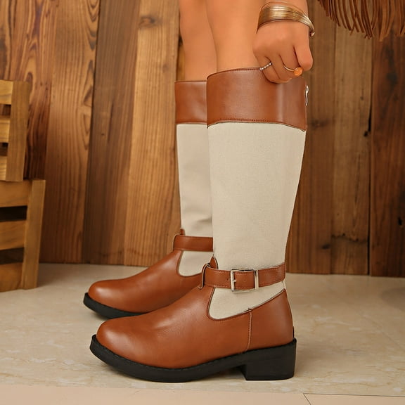 Bnwani Women Boots Footwear Fall Winter Fashion Low-Heel Thick Chunky Mid-Calf Versatile Casual Sweet Splicing Boot Brown Size 8.5