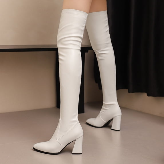 Bnwani Women Boots Footwear Fall Winter Fashion Pointed Mid-Heel Thick High Versatile Comfortable Casual Boot White Size 7
