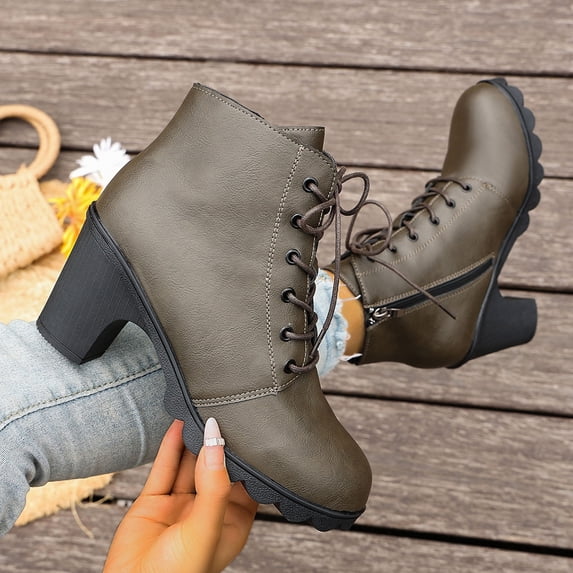 Bnwani Women Boots Footwear Fall Winter Mid-Heel Thick Chunky Ankle Versatile Comfortable Leather Boot Green Size 8.5