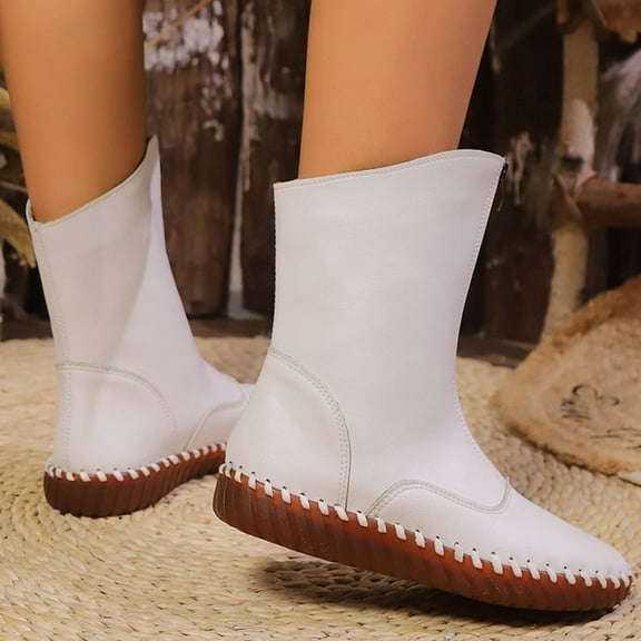 Bnwani Women Boots Footwear Fashion Zipper Low-Heel Flat Casual Solid Retro Boot Beige Size 6.5