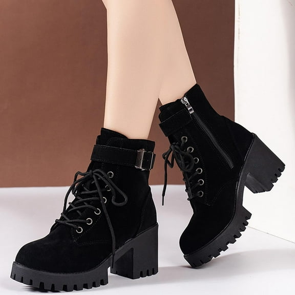 Bnwani Women Boots Footwear New Cotton Pile High-Heel Chunky High Ankle Suede Boot Black Size 4.5