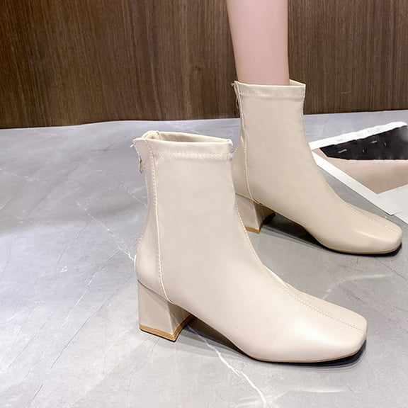 Bnwani Women Boots Footwear New Fashion Zipper Mid-Heel Chunky Ankle Retro Boot Beige Size 7.5