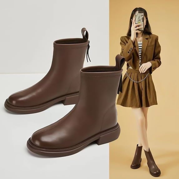 Bnwani Women Boots Footwear New Winter Fashion Toe Zipper Flat Mid-Calf Fleece Leather Boot Brown Size 5.5