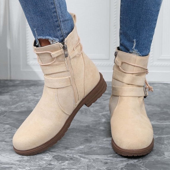 Bnwani Women Boots Footwear Pile Toe Zipper Leather Retro Boot Beige Size 5.5