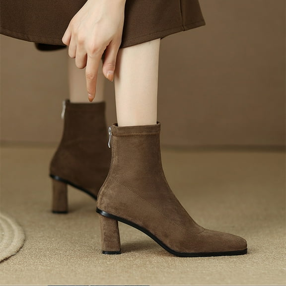 Bnwani Women Boots Footwear Retro Toe Zipper High-Heel Flat Leather Retro Boot Brown Size 7