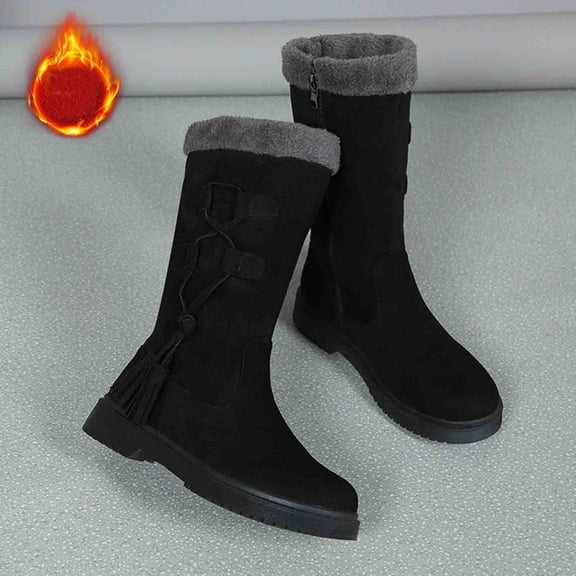 Bnwani Women Boots Footwear Toe Low-Heel Chunky High Mid-Calf Ankle Fleece Solid Snow Boot Black Size 5.5