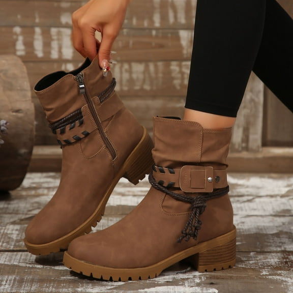 Bnwani Women Boots Footwear Toe Zipper Mid-Heel High Mid-Calf Ankle Comfortable Casual Solid Boot Brown Size 5.5