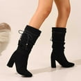 thumbnail image 1 of Bnwani Women Boots Footwear Winter Fashion Pointed Toe High-Heel Thick Chunky High Mid-Calf Knee-High Strap Casual Solid Boot Black Size 6.5, 1 of 6