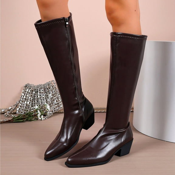 Bnwani Women Boots Footwear Winter Fashion Pointed Zipper Low-Heel Thick Chunky High Knee-High Casual Solid Boot Brown Size 9