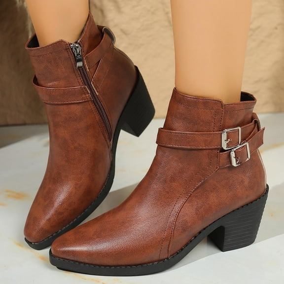Bnwani Women Boots Footwear Winter Fashion Pointed Zipper Mid-Heel Chunky Ankle Casual Solid Boot Brown Size 7