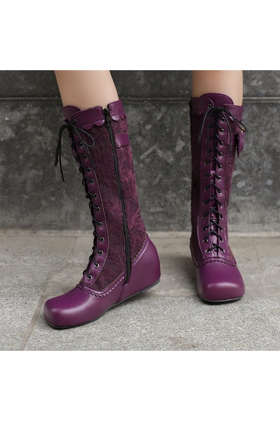 Bnwani Women Boots Footwear Winter Fashion Toe Zipper Flat High Knee-High Casual Solid Boot Purple Size 5.5