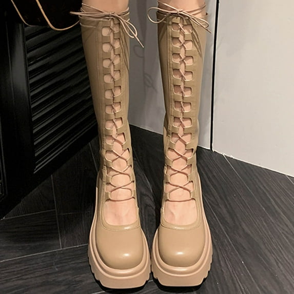 Bnwani Women Boots Knee High Boots Fashion Thick Knee-High Strap Casual Knight Boot Yellow Size 6