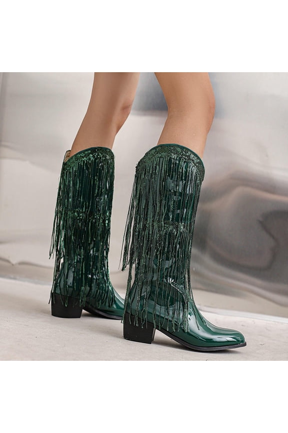 Bnwani Women Boots Knee High Boots Winter Fashion Pointed Toe High-Heel Thick Chunky High Knee-High Casual Solid Tassel Boot Green Size 5