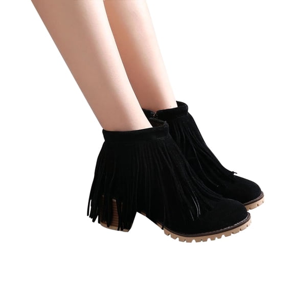 Bnwani Women Boots Mid-Heel Thick Warm Comfortable Tassel Boot Black Size 4.5