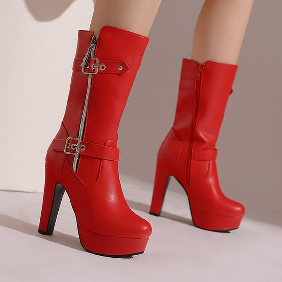 Bnwani Women Boots New Winter Fashion High-Heel High Mid-Calf Casual Solid Boot Red Size 5.5