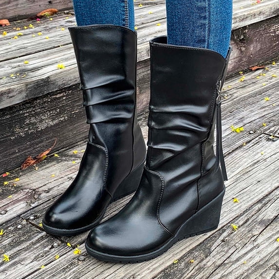 Bnwani Women Boots Toe Zipper Mid-Heel Wedge Mid-Calf Ankle Comfortable Casual Solid Boot Black Size 4.5