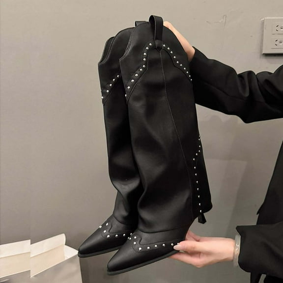 Bnwani Women Boots Winter Fashion Pointed Toe High-Heel High Knee-High Casual Solid Boot Black Size 5.5