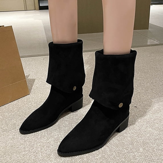 Bnwani Women Boots Winter Fashion Pointed Toe Low-Heel Thick Chunky Mid-Calf Casual Solid Boot Black Size 5.5