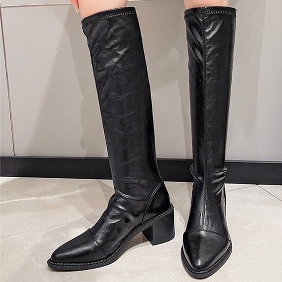 Bnwani Women Boots Winter Fashion Pointed Toe Mid-Heel Thick Chunky High Knee-High Casual Solid Splicing Boot Black Size 5.5