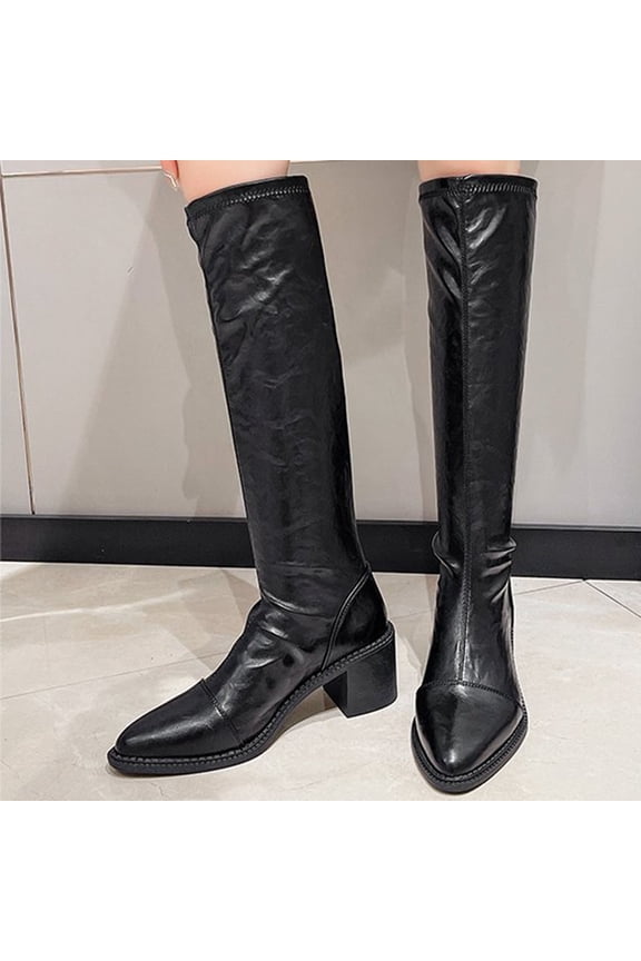 Bnwani Women Boots Winter Fashion Pointed Toe Mid-Heel Thick Chunky High Knee-High Casual Solid Splicing Boot Black Size 5.5