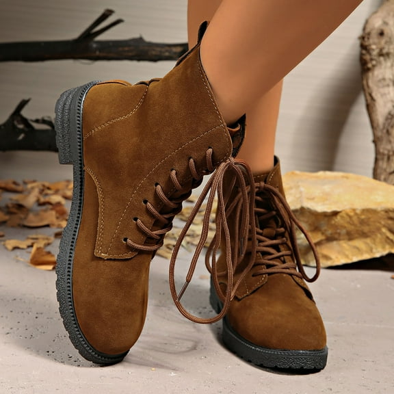 Bnwani Women Boots Winter Fashion Toe Low-Heel Thick Chunky Ankle Versatile Casual Solid Boot Brown Size 7